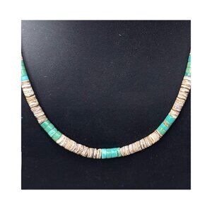 Vintage Turquoise Heishi Shell Beaded Necklace Sterling Clasp 19" Santa Domingo